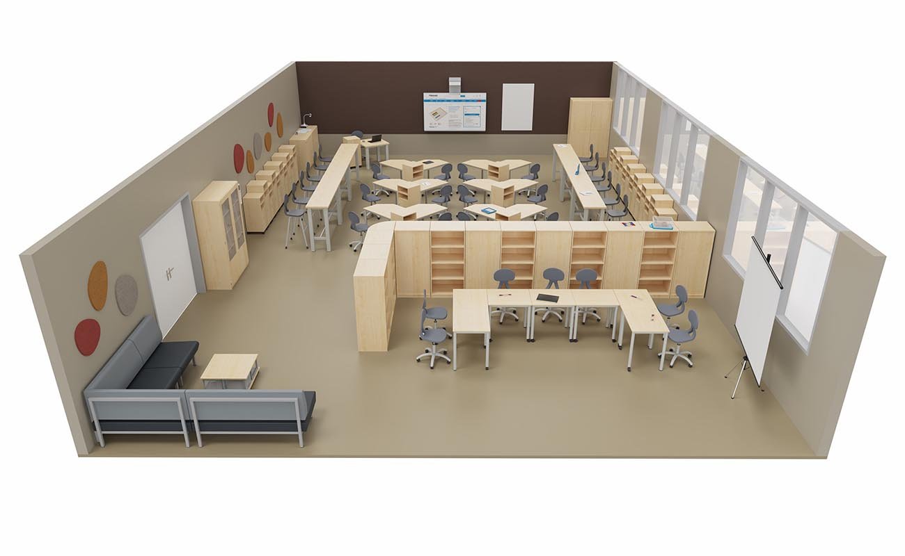 Klassenzimmer Ideenfabrik Seitenansicht mit Flexeo Lernflex Tischen, modularen Caddys, xilent Schallschutz,  Chillo Sofas, essBar Hochtischen und Betzold Hochstühlen