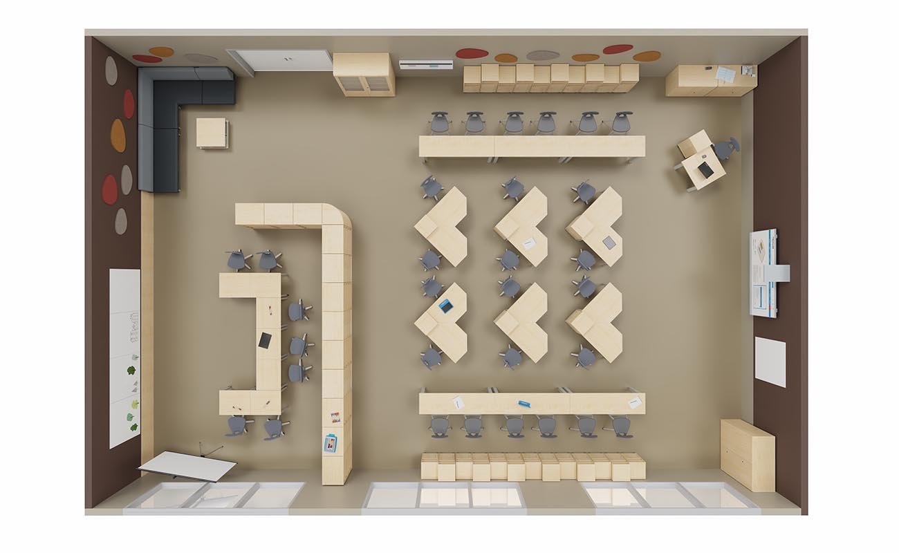 Klassenzimmer Ideenfabrik Ansicht von oben mit Flexeo Lernflex Tischen, modularen Caddys, xilent Schallschutz,  Chillo Sofas, essBar Hochtischen und Betzold Hochstühlen