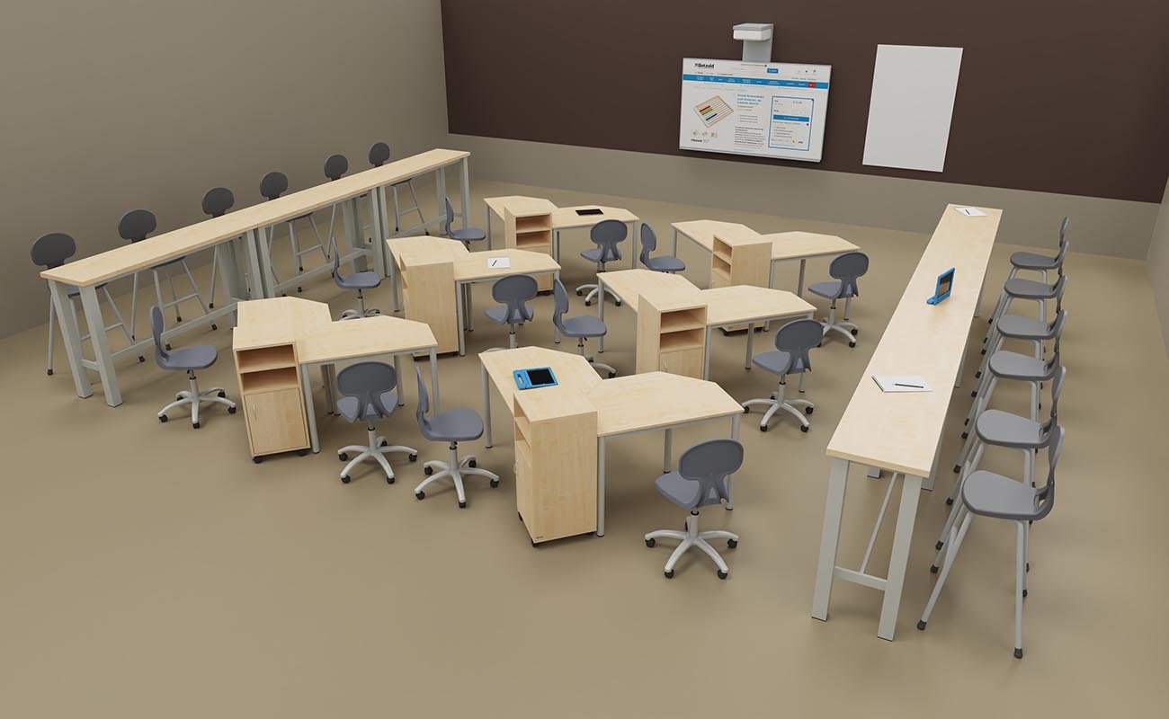 Klassenzimmer Ideenfabrik Unterrichtsbereich mit essBar Hochtischen, Betzold Hochstühlen, modularen Caddys, Lernflex Tischen und Drehstühlen