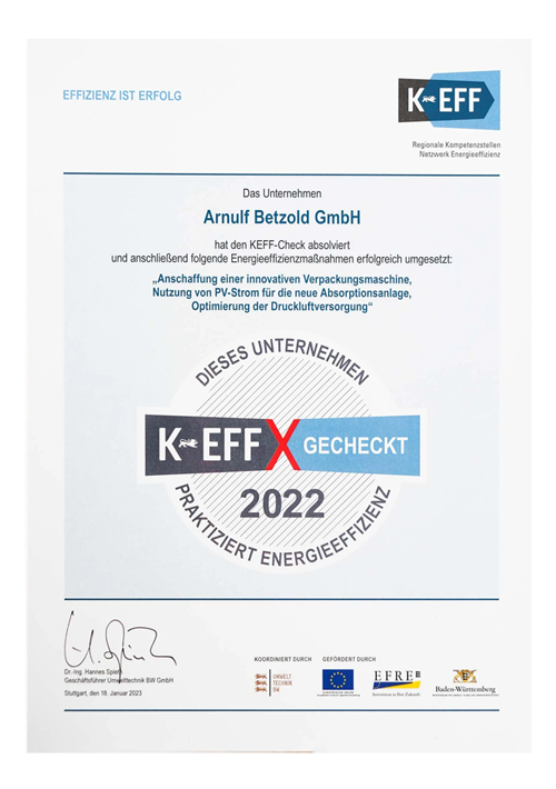 KEFF Auszeichnung für eine PV-Anlage 2022 Urkunde KEFF Auszeichnung 2022