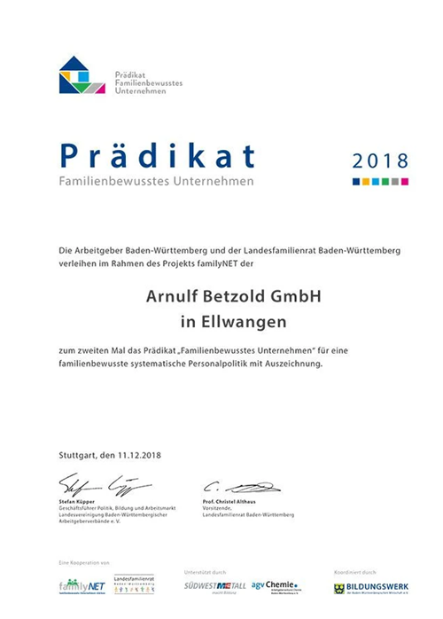 Auszeichnung Familienbewusstes Unternehmen 2018 Urkunde Auszeichnung Familienbewusstes Unternehmen 2018