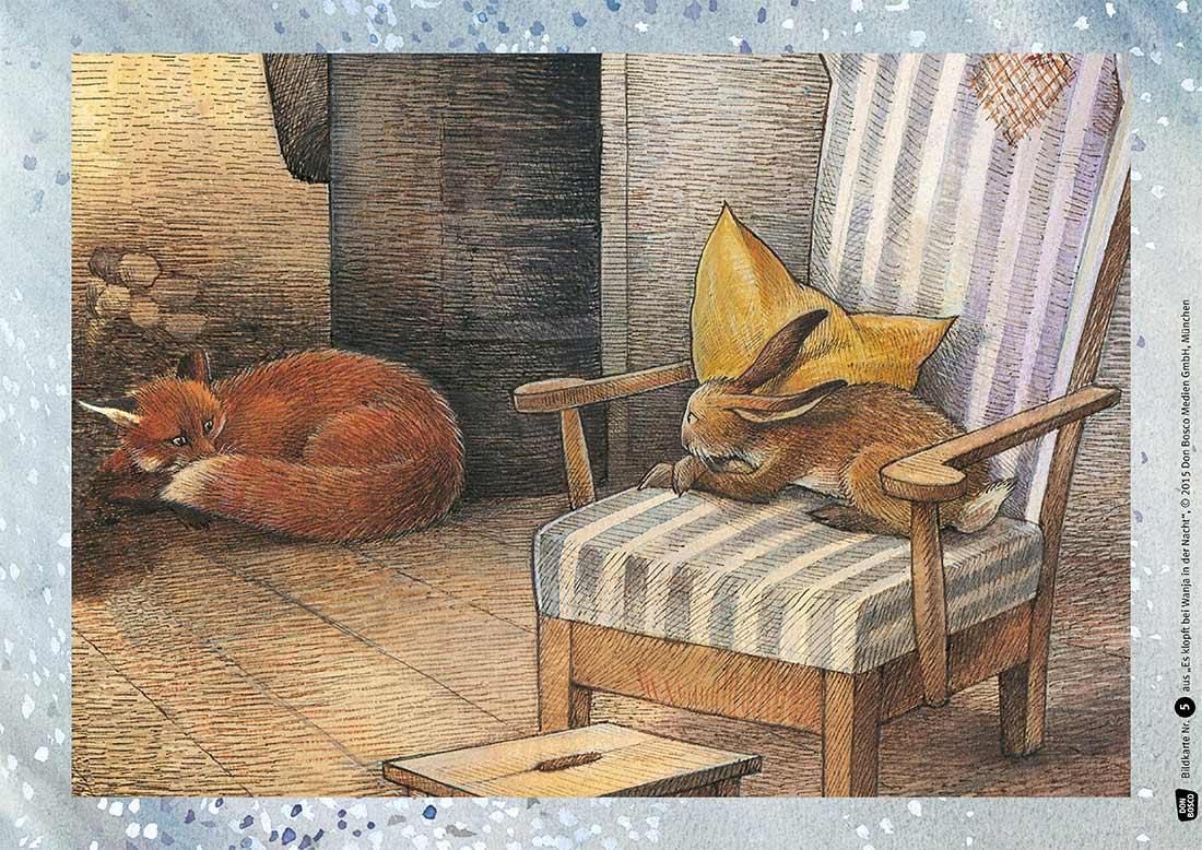 Illustration eines Fuchs und eines Hasen in der Hütte