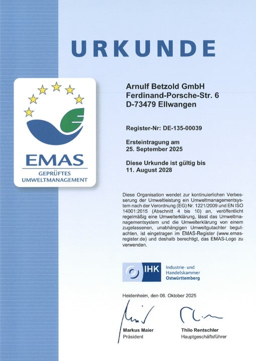 Auszeichnung Betzold EMAS-2025 Urkunde für Betzold EMAS 2025