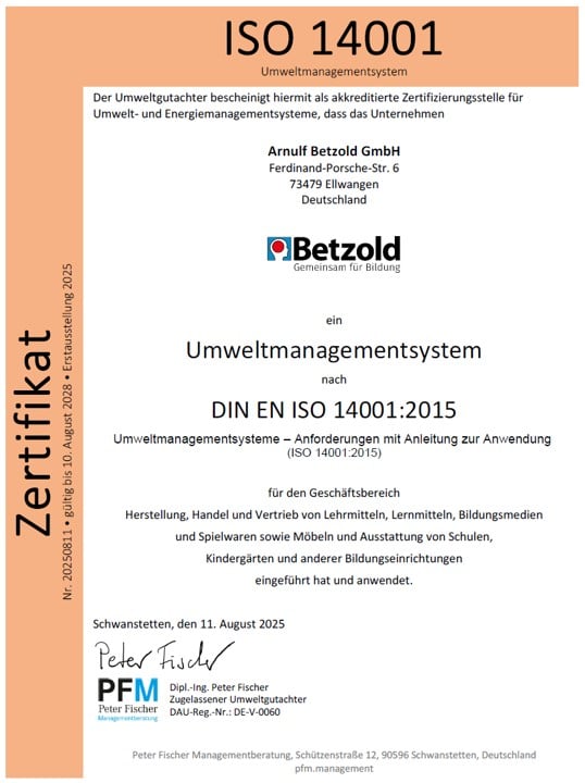 Auszeichnung Betzold ISO14001 2025 Zertifikat für Betzold ISO14001 2025